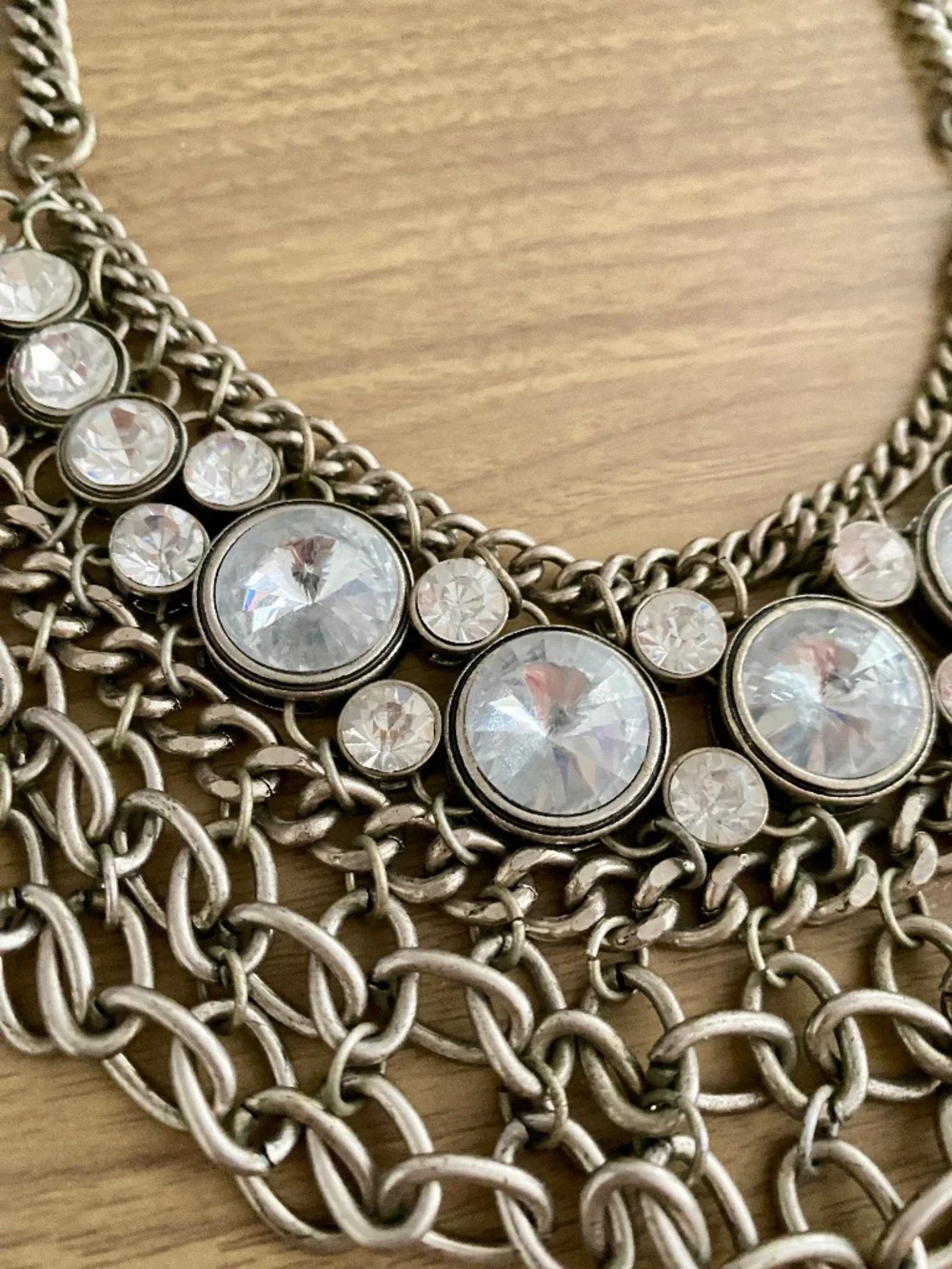 Statement Crystal Multi Chain Bib Necklace Silver Tone Chunky Rhinestone Collar